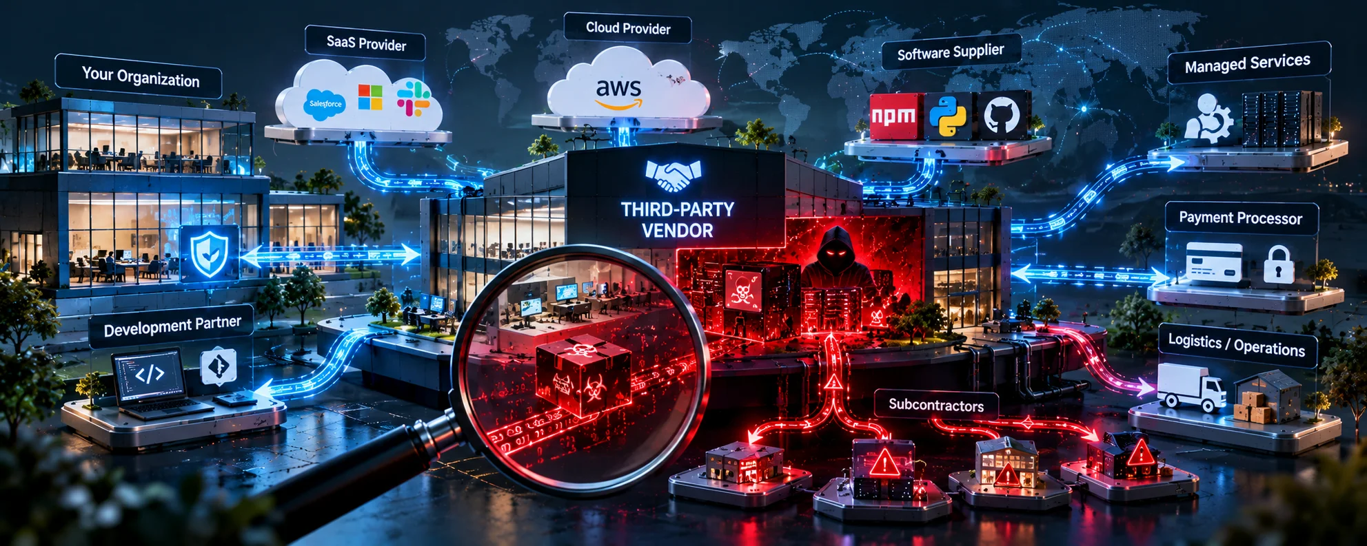 Third-party vendor security assessment revealing hidden security weaknesses across connected systems and external service providers.