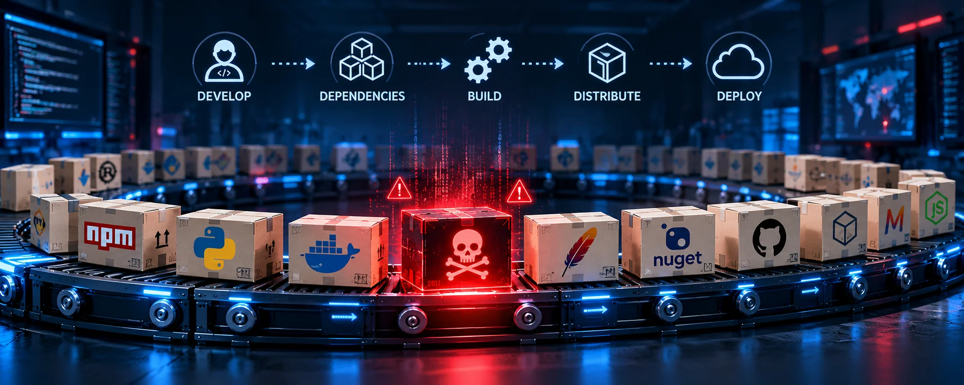 Software supply chain attack compromising a software dependency and spreading malicious code through connected applications and systems.